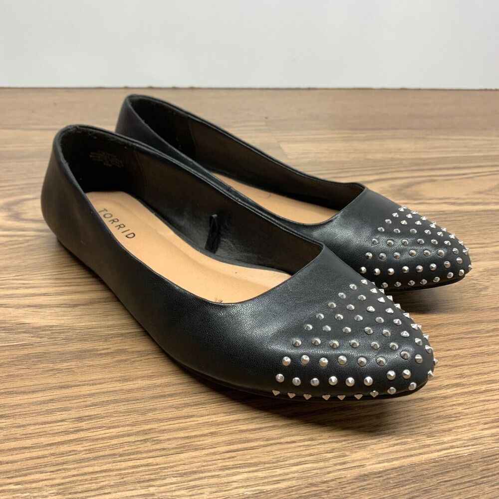 Torrid Flats Shoes Women 8WW Black Faux‎ Leather Stud Rhinestone Embellished